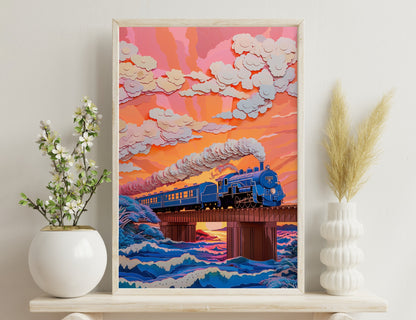 A colorful illustration depicting a steam locomotive pulling passenger cars across a bridge, with billowing smoke and vibrant clouds in shades of orange, pink, and white against a mountainous landscape at sunset or sunrise.
