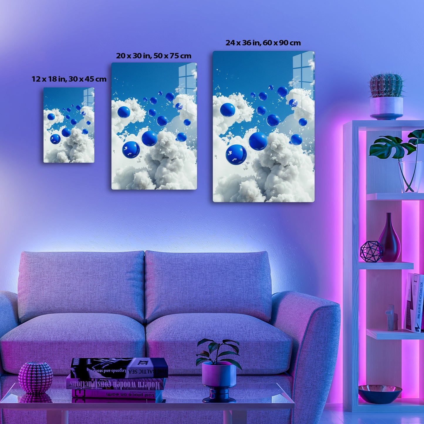 Blue bubbles float among white fluffy clouds against a bright blue sky, creating a dreamlike, whimsical scene.
