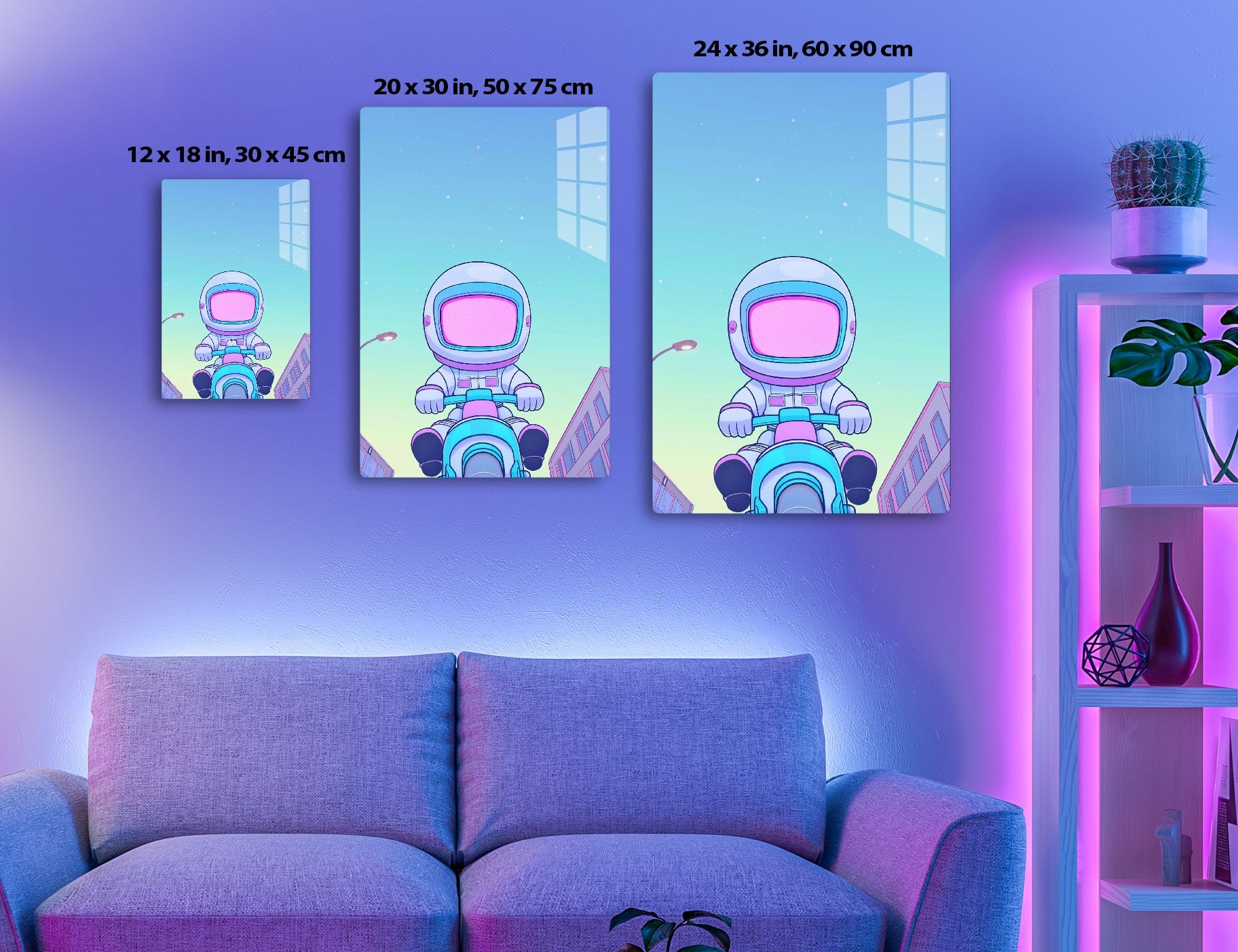 An illustration of an astronaut wearing a colorful spacesuit, sitting on a futuristic vehicle, against a starry blue sky with stylized buildings in the background.
