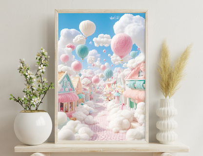 Cotton candy-colored houses and giant fluffy balloons fill a whimsical aerial town scene with pink and blue cotton candy clouds against a bright blue sky.
