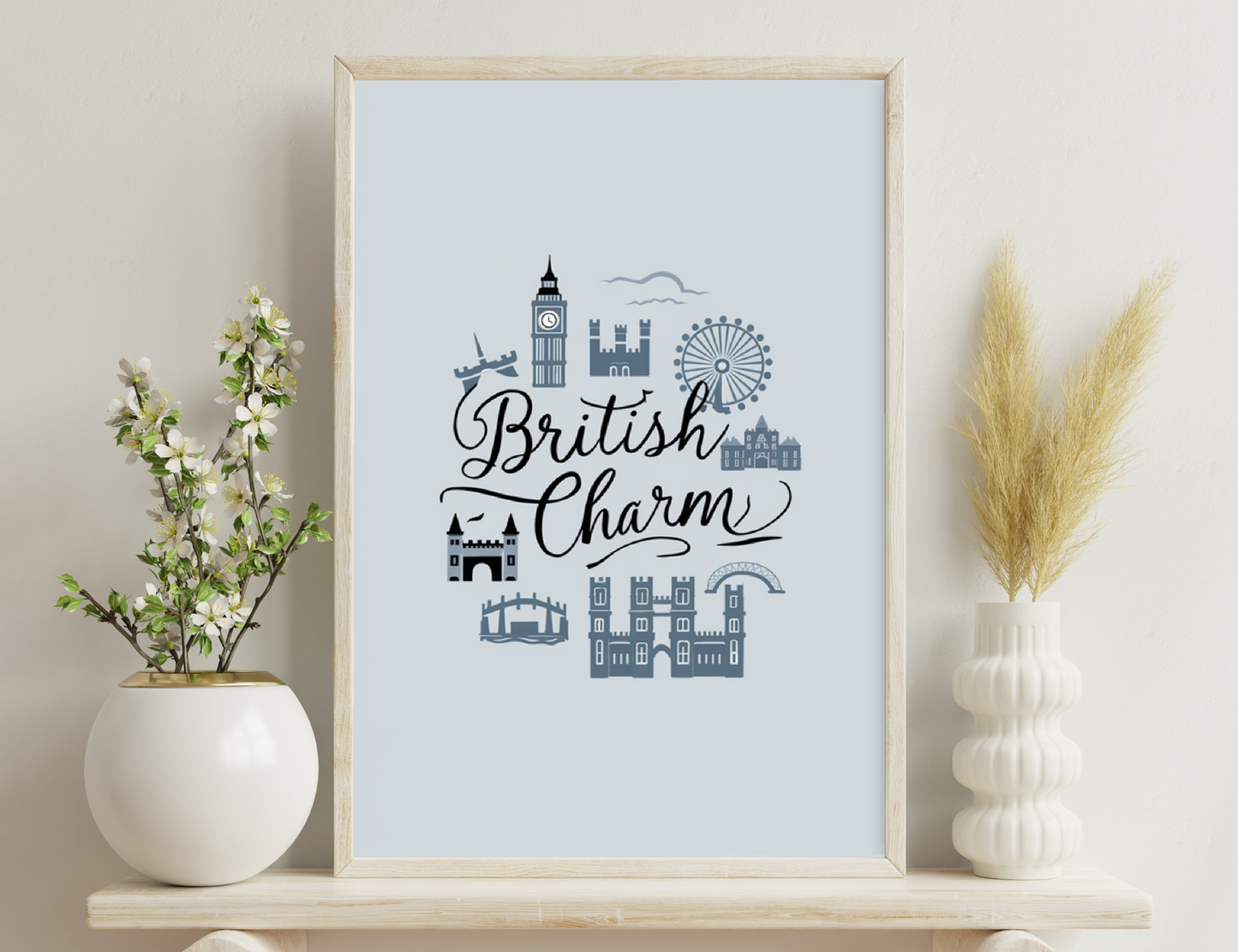 An illustration with the words "British Charm" surrounded by iconic British landmarks like Big Ben, the London Eye, castles, and row houses in shades of gray.
