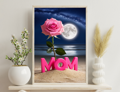 A pink rose blooming against a night sky with a full moon and the word "MOM" spelled out in pink letters on a sandy beach, creating a serene and heartwarming Mother's Day scene.
