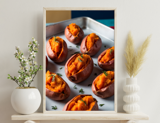 Sweet potatoes stuffed with a creamy orange filling, topped with sprigs of fresh herbs, presented on a plate - a flavorful and visually appealing dish.
