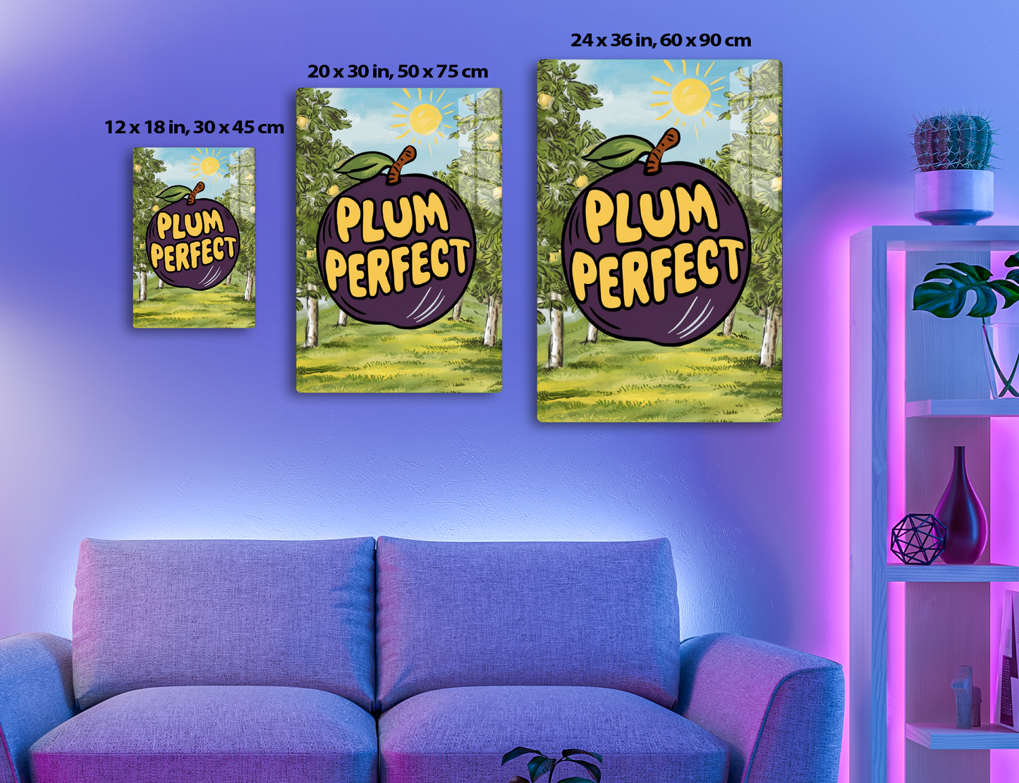 A cartoon illustration of a large, purple plum with text "Plum Perfect" written on it, set against a sunny orchard background with trees and a bright yellow sun.
