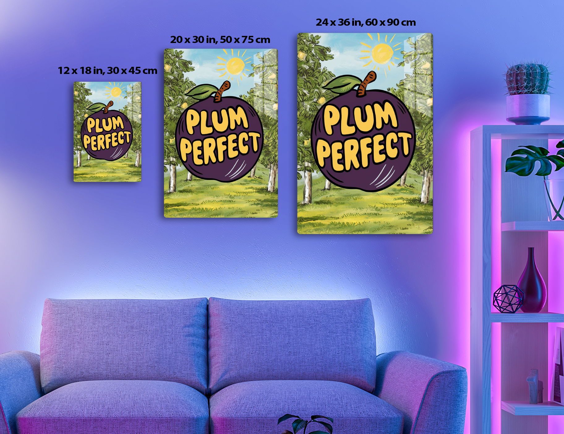 A cartoon illustration of a large, purple plum with text "Plum Perfect" written on it, set against a sunny orchard background with trees and a bright yellow sun.
