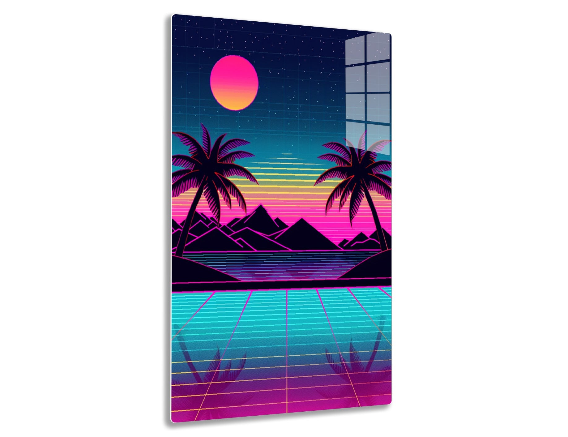 Retro-futuristic landscape with a vibrant pink sun, silhouetted pyramids, neon palm trees, and a tiled floor reflecting the vivid colors, creating a synthwave vaporwave aesthetic.
