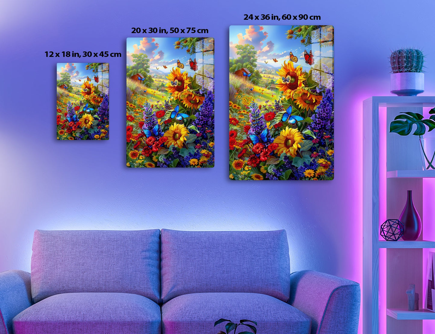 A vibrant landscape painting featuring a field of sunflowers, wildflowers, and butterflies against a backdrop of a quaint village and mountains with colorful clouds.
