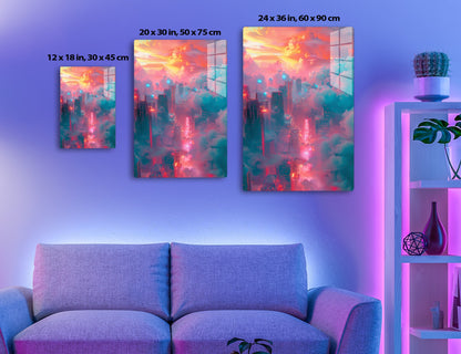 A futuristic cityscape with towering skyscrapers glowing in shades of red and blue, shrouded in vibrant clouds streaked with orange and pink hues at sunset, creating a dreamlike, cyberpunk atmosphere
