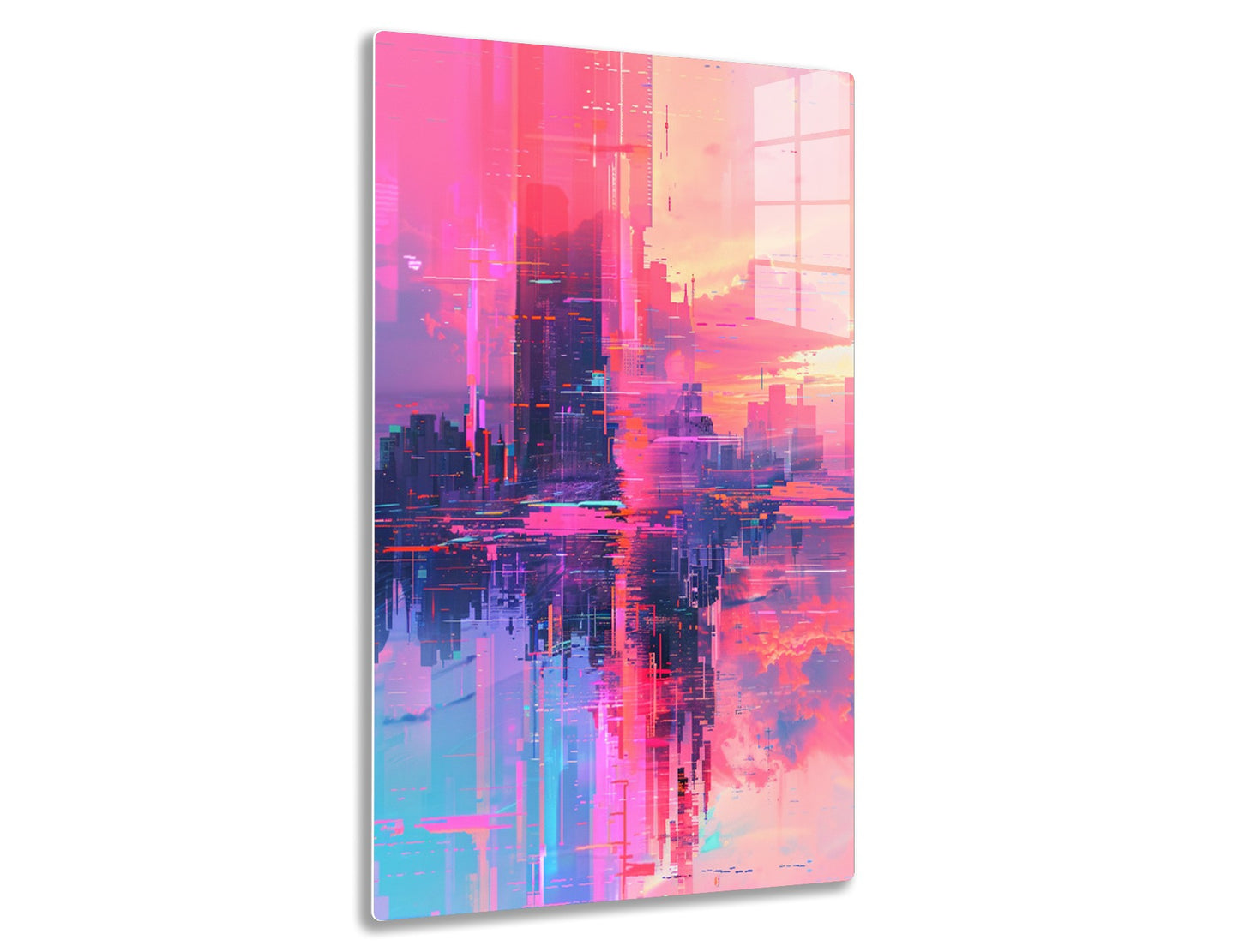 A surreal, abstract digital artwork depicting a distorted cityscape with vivid pink, purple and orange colors, creating a glitched, fragmented effect with geometric shapes and reflections resembling futuristic architecture and city lights.
