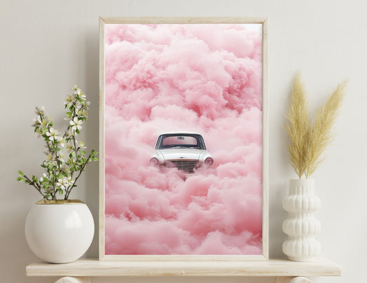 An old classic white car appears to be floating among pink fluffy clouds, creating a dreamy and surreal scene.
