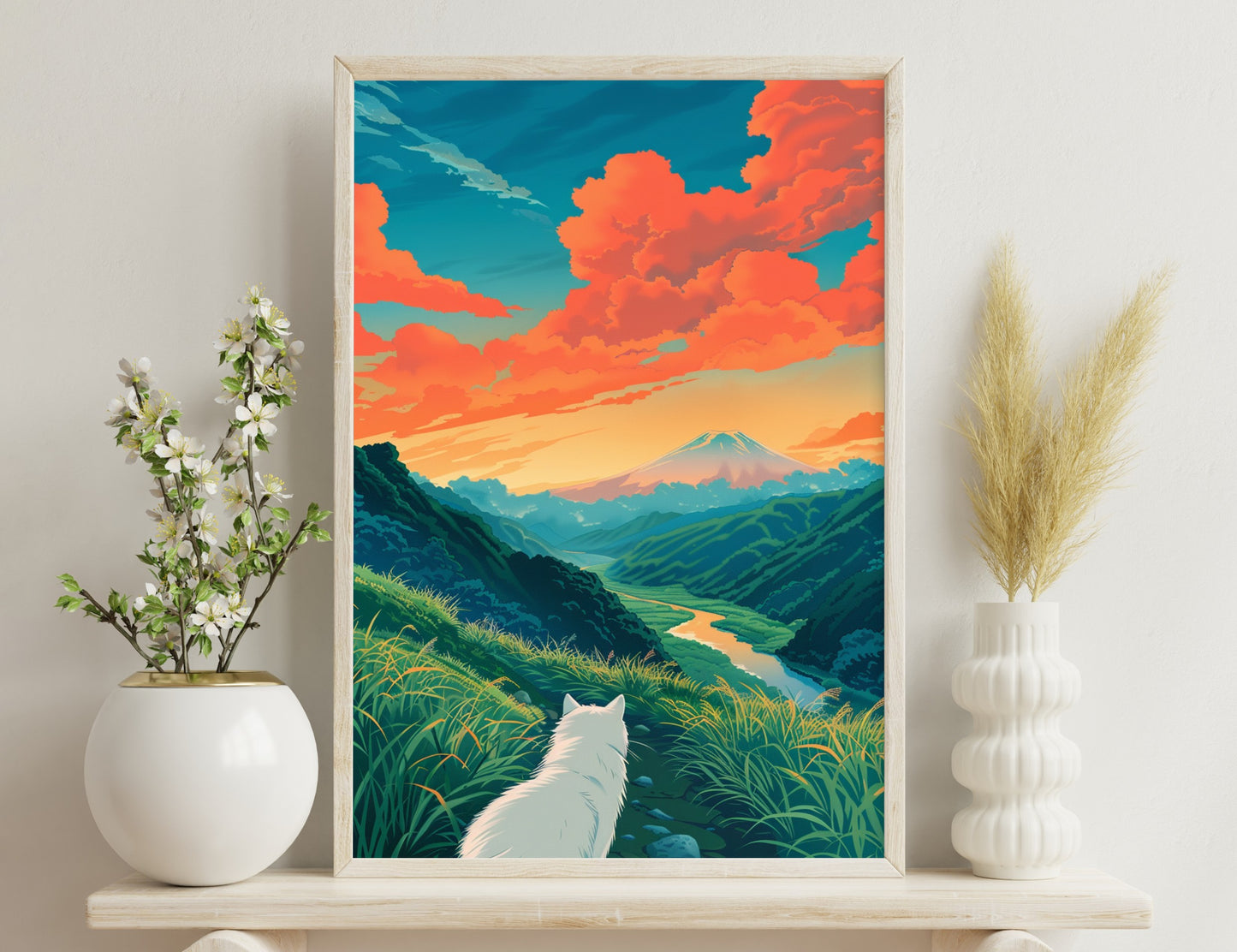 A serene landscape painting depicting a majestic snow-capped mountain, vibrant orange clouds at sunset, a winding river through lush green valleys, and a white cat peacefully observing the scenic vista from tall grass in the fore
