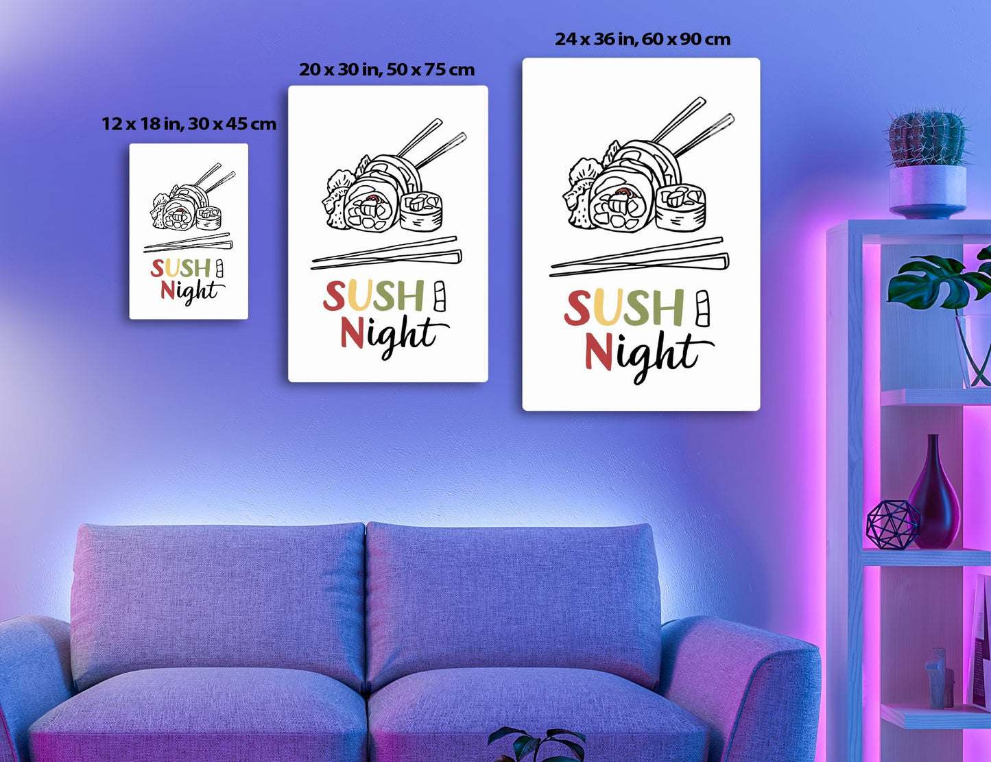 Illustration of sushi rolls, chopsticks, and text "Sushi Night" in colorful lettering, depicting a Japanese cuisine theme.
