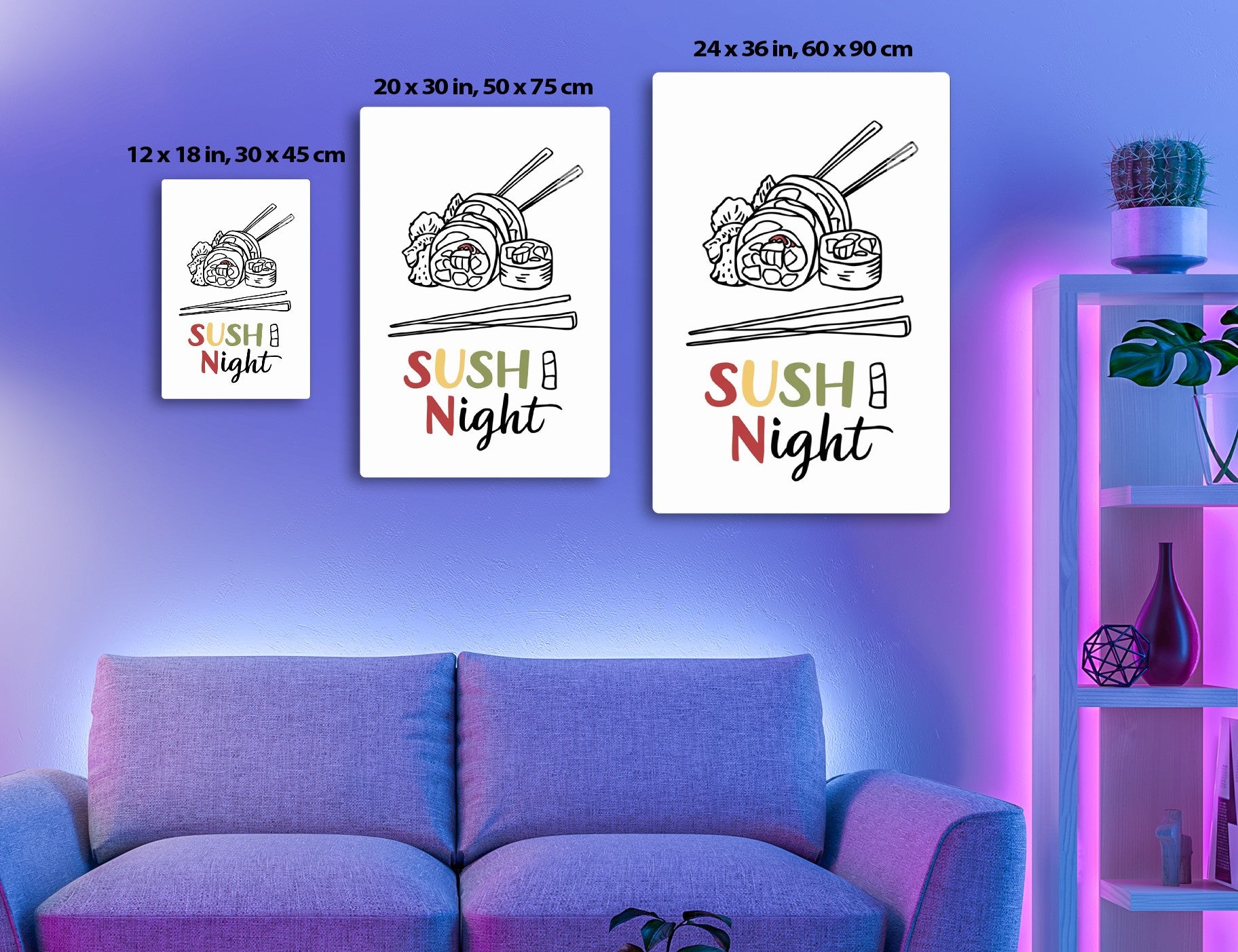 Illustration of sushi rolls, chopsticks, and text "Sushi Night" in colorful lettering, depicting a Japanese cuisine theme.
