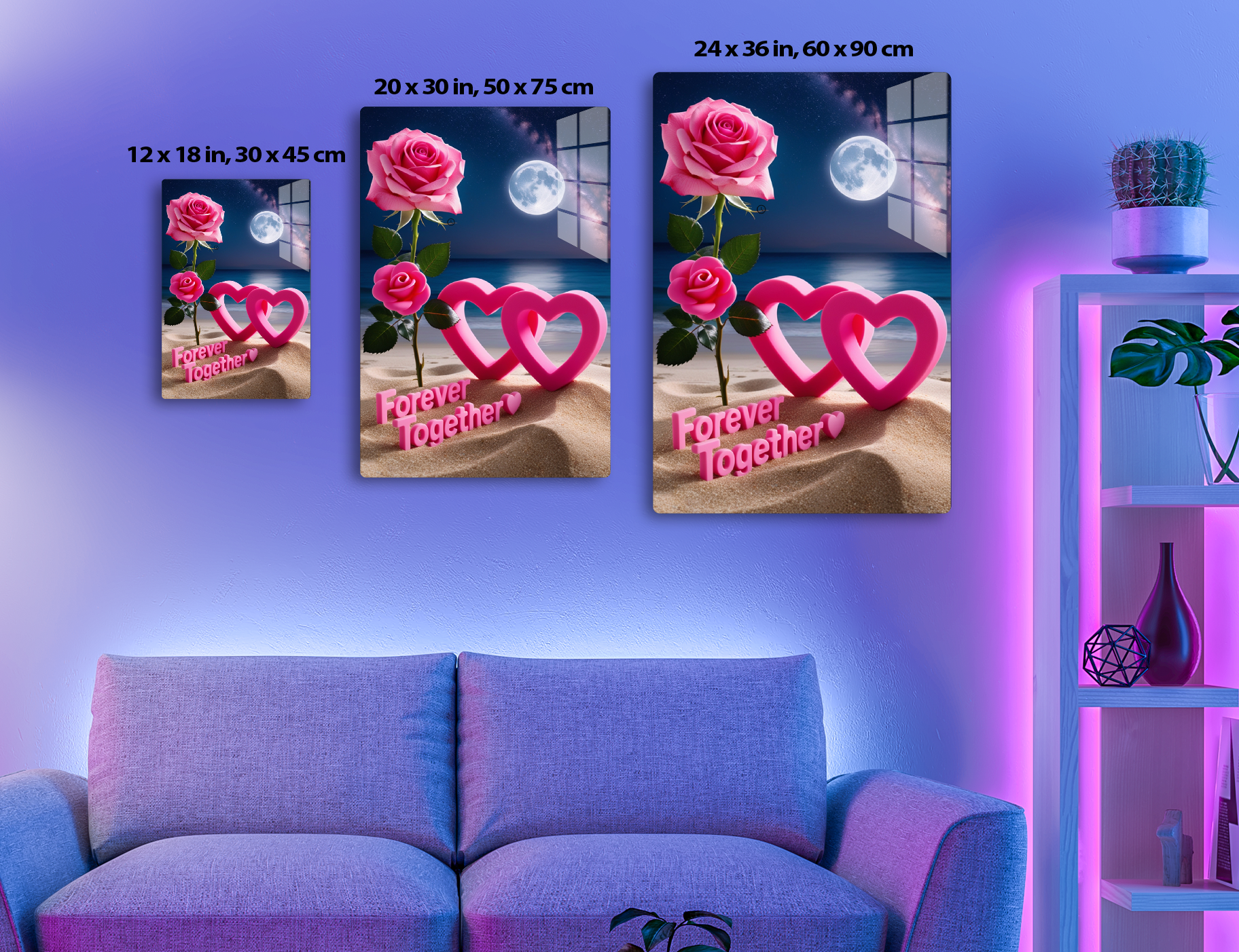 A rose with two intertwined pink hearts and the text "Forever Together" on a beach under a full moon and starry sky.
