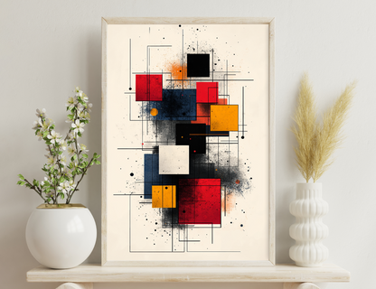 An abstract geometric composition with rectangles, lines, and splatters in shades of red, yellow, black, blue, and gray, creating a dynamic, industrial-style artwork.
