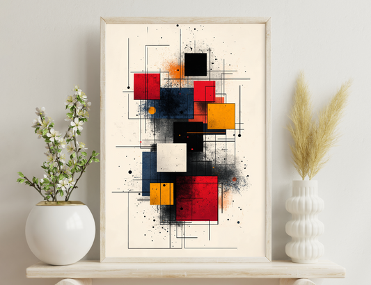 An abstract geometric composition with rectangles, lines, and splatters in shades of red, yellow, black, blue, and gray, creating a dynamic, industrial-style artwork.

