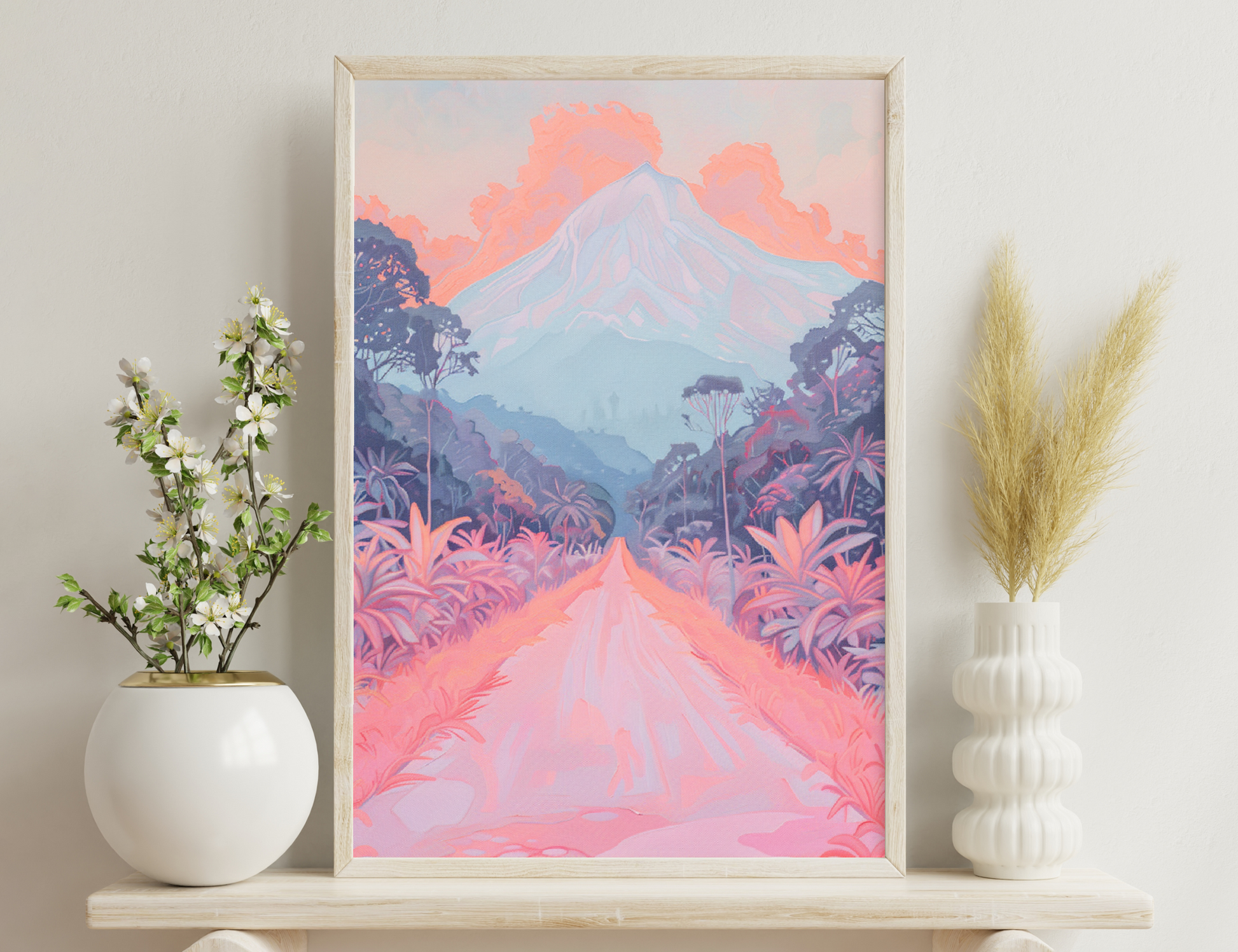 A scenic landscape featuring a snow-capped mountain peak towering above a lush forest of pink and purple foliage under a vibrant orange and blue sky with fluffy clouds.
