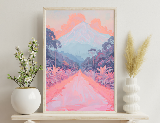 A scenic landscape featuring a snow-capped mountain peak towering above a lush forest of pink and purple foliage under a vibrant orange and blue sky with fluffy clouds.
