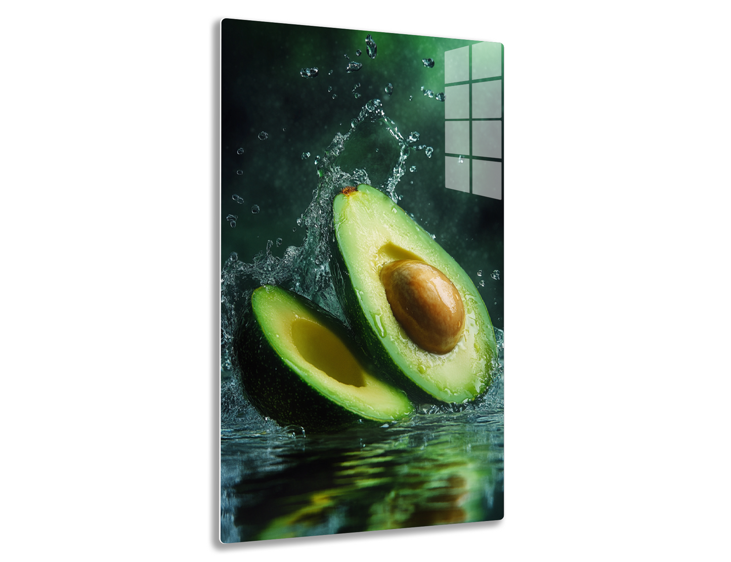 An avocado splashing into water, creating a crown of water droplets surrounding its sliced open flesh revealing the bright green meat and large brown pit inside.
