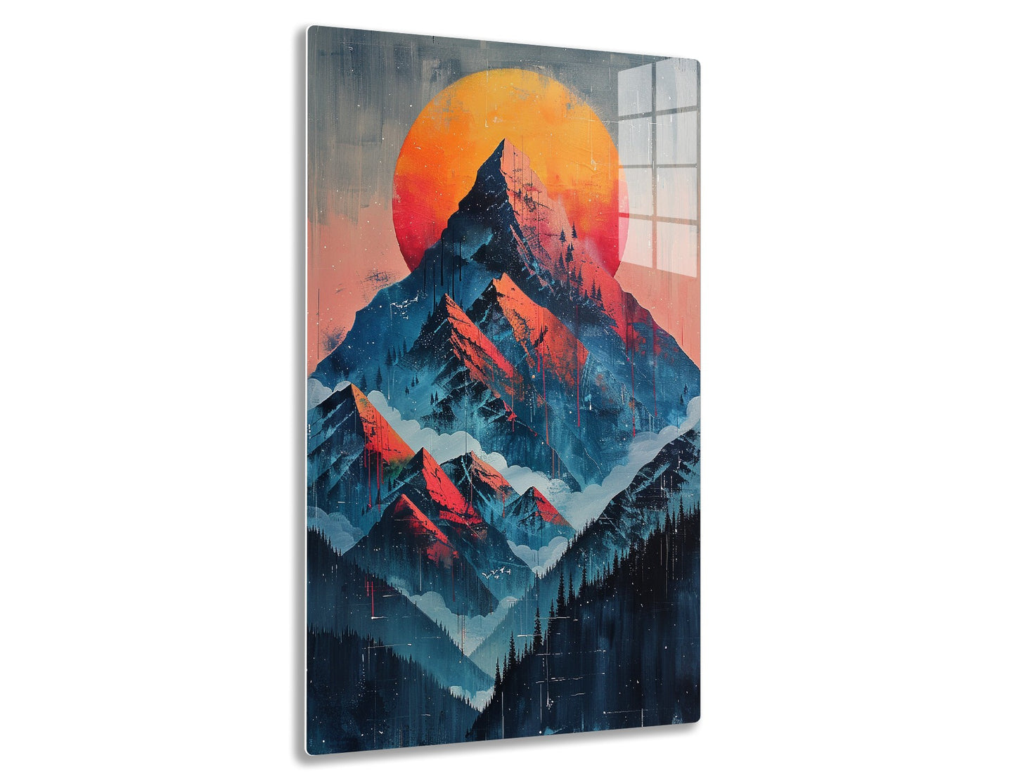 Dramatic mountainous landscape with a large orange sun behind snowy peaks in blue and red tones, with silhouettes of pine trees in the foreground, creating a surreal and captivating scene.
