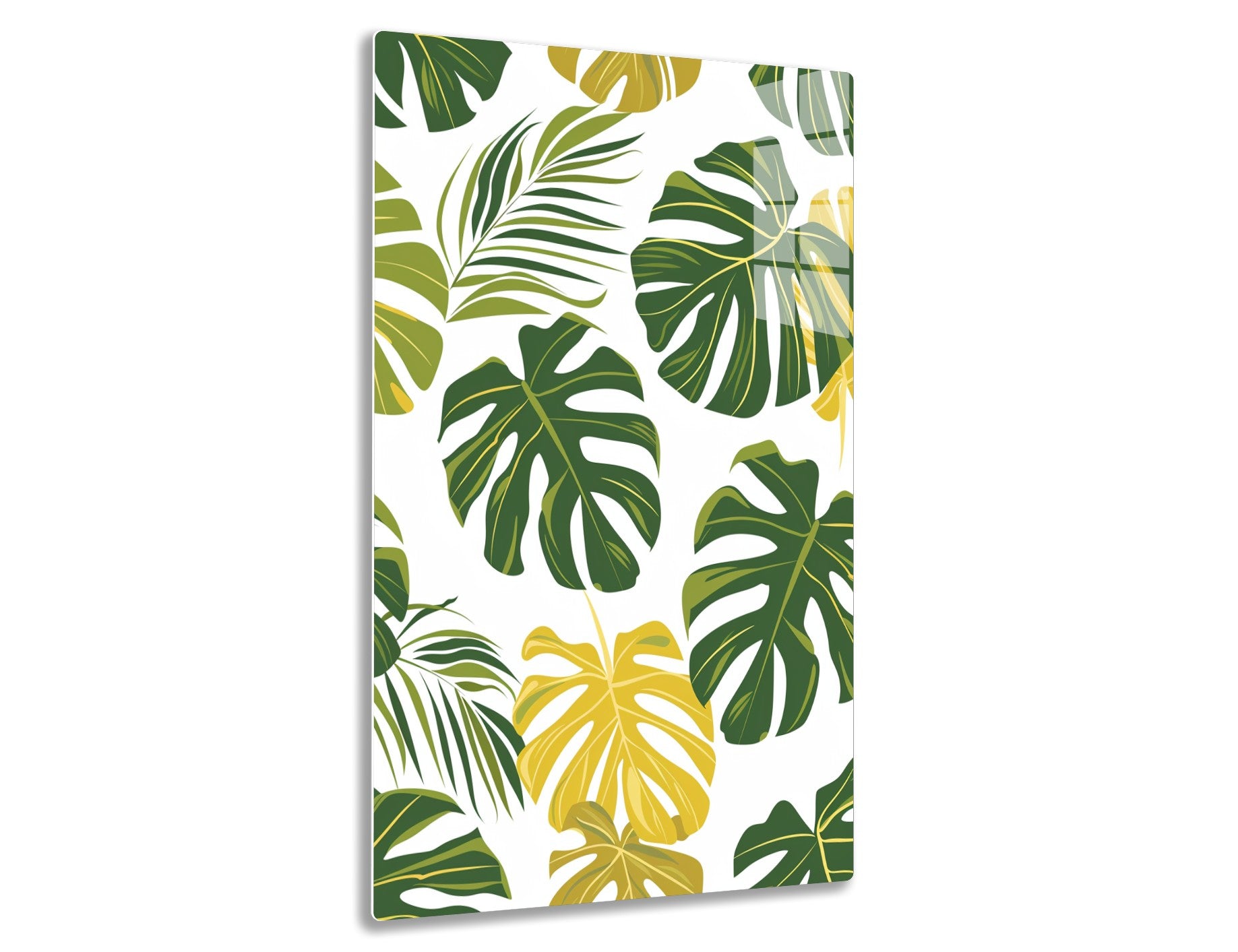 A pattern of stylized tropical green and yellow leaves on a white background, depicting various types of monstera and palm fronds in a botanical print design.
