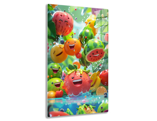 A vibrant and whimsical scene depicting various happy and smiling fruits like oranges, watermelons, and strawberries splashing and enjoying themselves in a lively fruit world filled with water droplets and bubbles.
