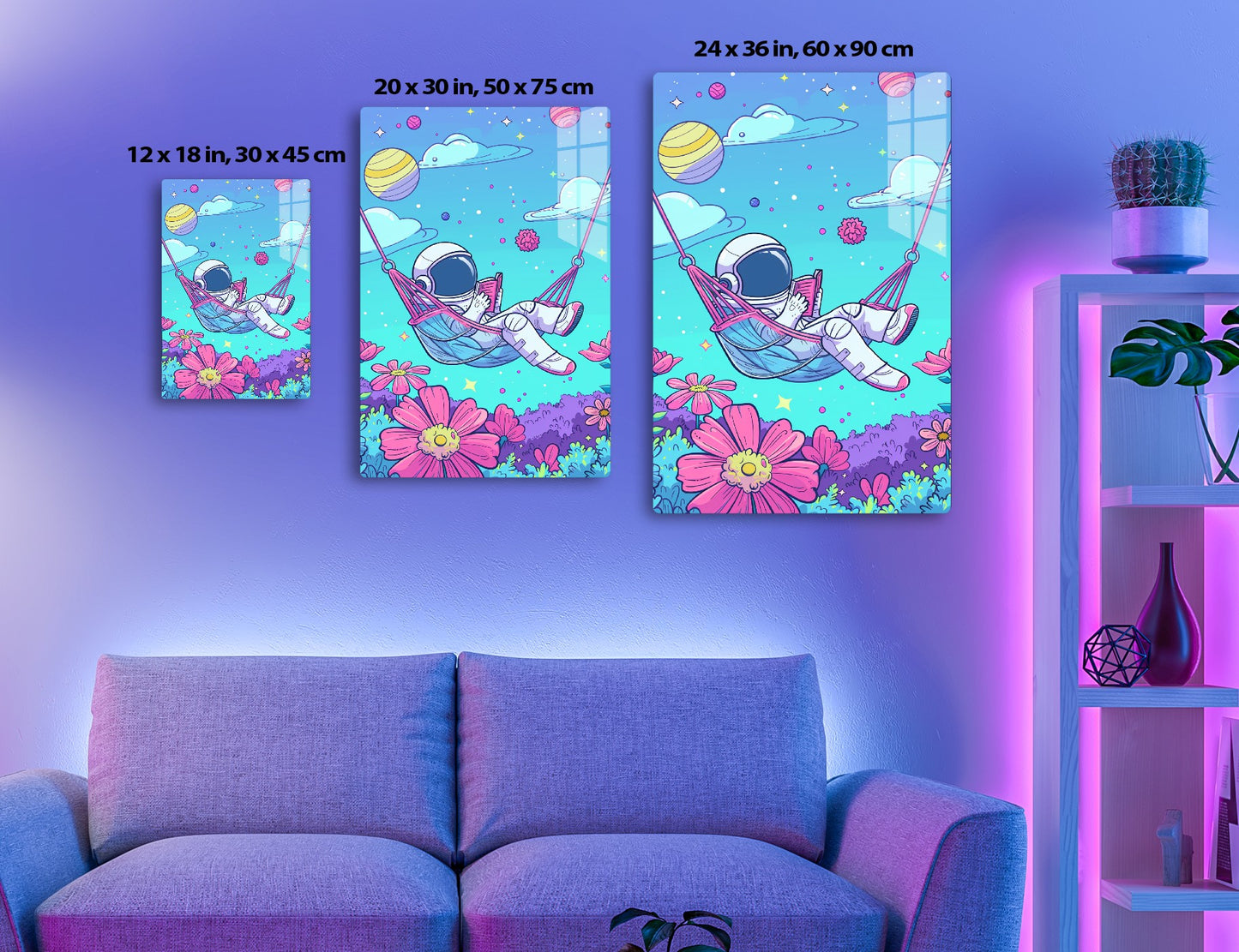 An astronaut relaxes in a hammock admiring colorful planets and stars while surrounded by vibrant flowers on a whimsical alien landscape.
