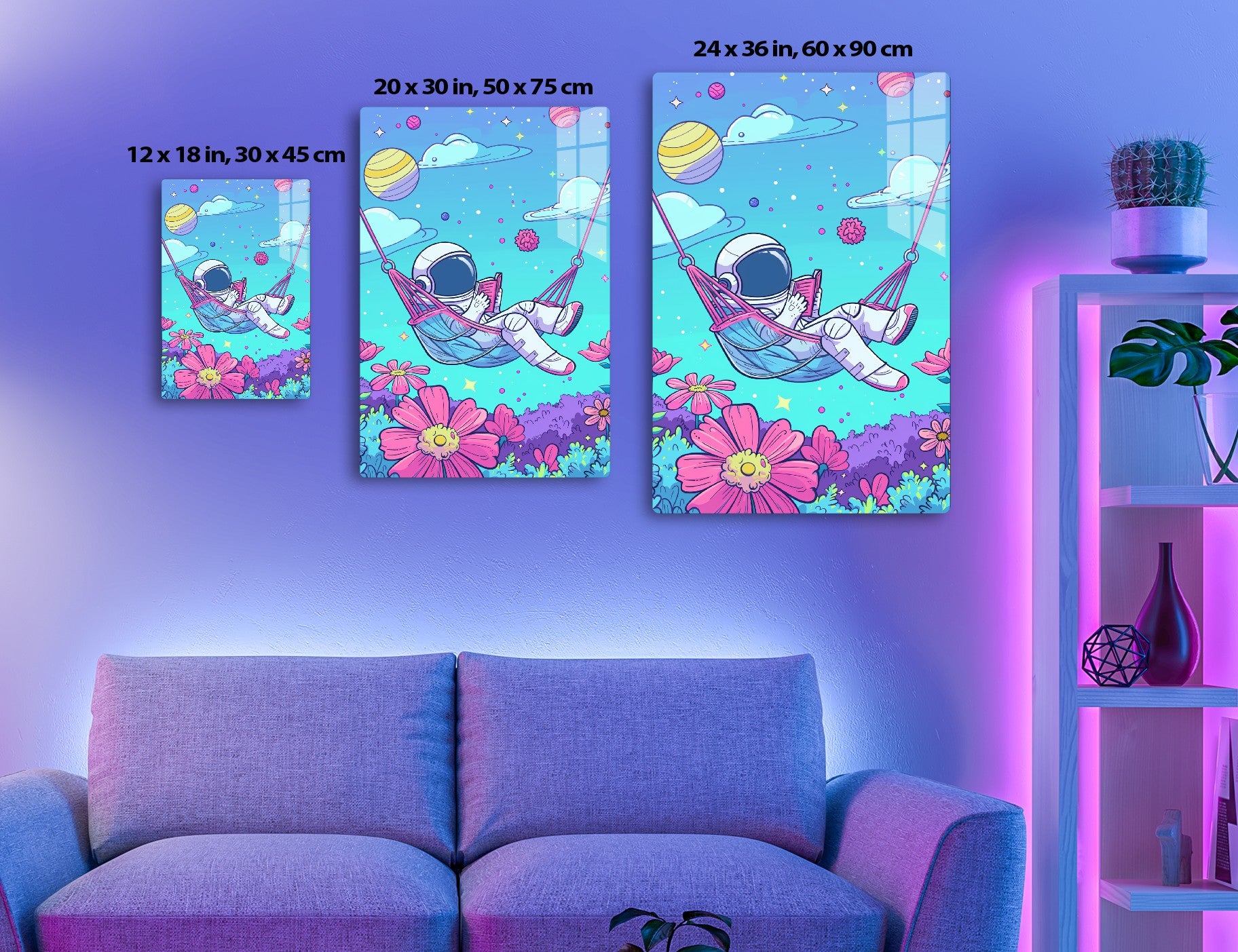 An astronaut relaxes in a hammock admiring colorful planets and stars while surrounded by vibrant flowers on a whimsical alien landscape.
