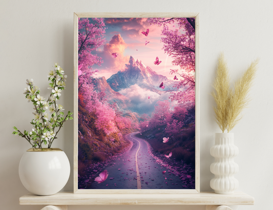 A winding road leads through a vibrant pink cherry blossom forest towards majestic snow-capped mountains in the distance, with butterflies fluttering among the blossoms and a dreamy, surreal atmosphere.
