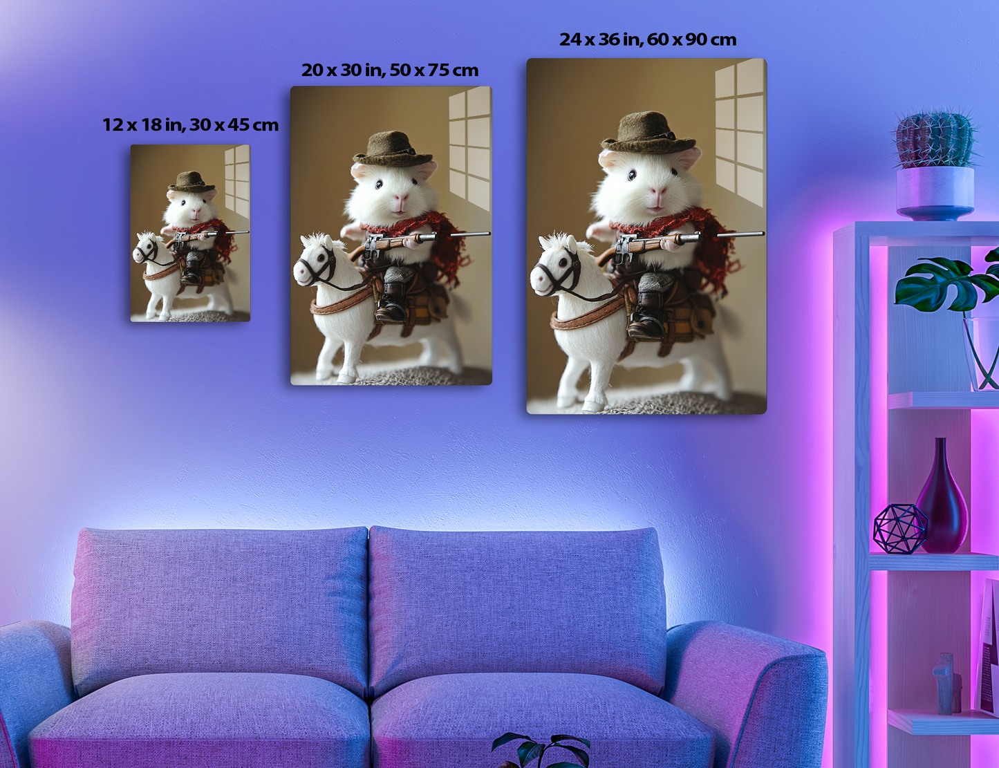 A white mouse wearing a cowboy hat and scarf holds a rifle and rides on the back of a white toy horse figurine against a tan background.
