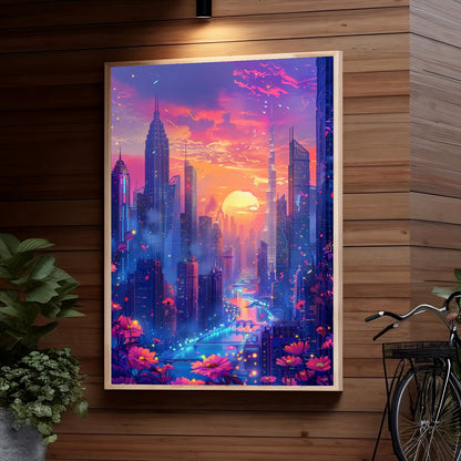 A futuristic city skyline at sunset, with towering skyscrapers, flying vehicles, and a large glowing moon in the sky, surrounded by vibrant pink and purple clouds and flowers in the foreground.
