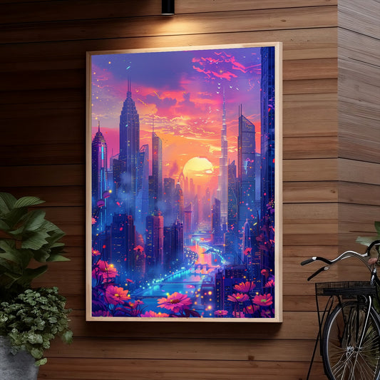 A futuristic city skyline at sunset, with towering skyscrapers, flying vehicles, and a large glowing moon in the sky, surrounded by vibrant pink and purple clouds and flowers in the foreground.
