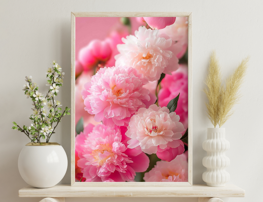 A close-up view of vibrant pink and white peonies in full bloom, with delicate ruffled petals and orange centers, creating a lush and romantic floral display.
