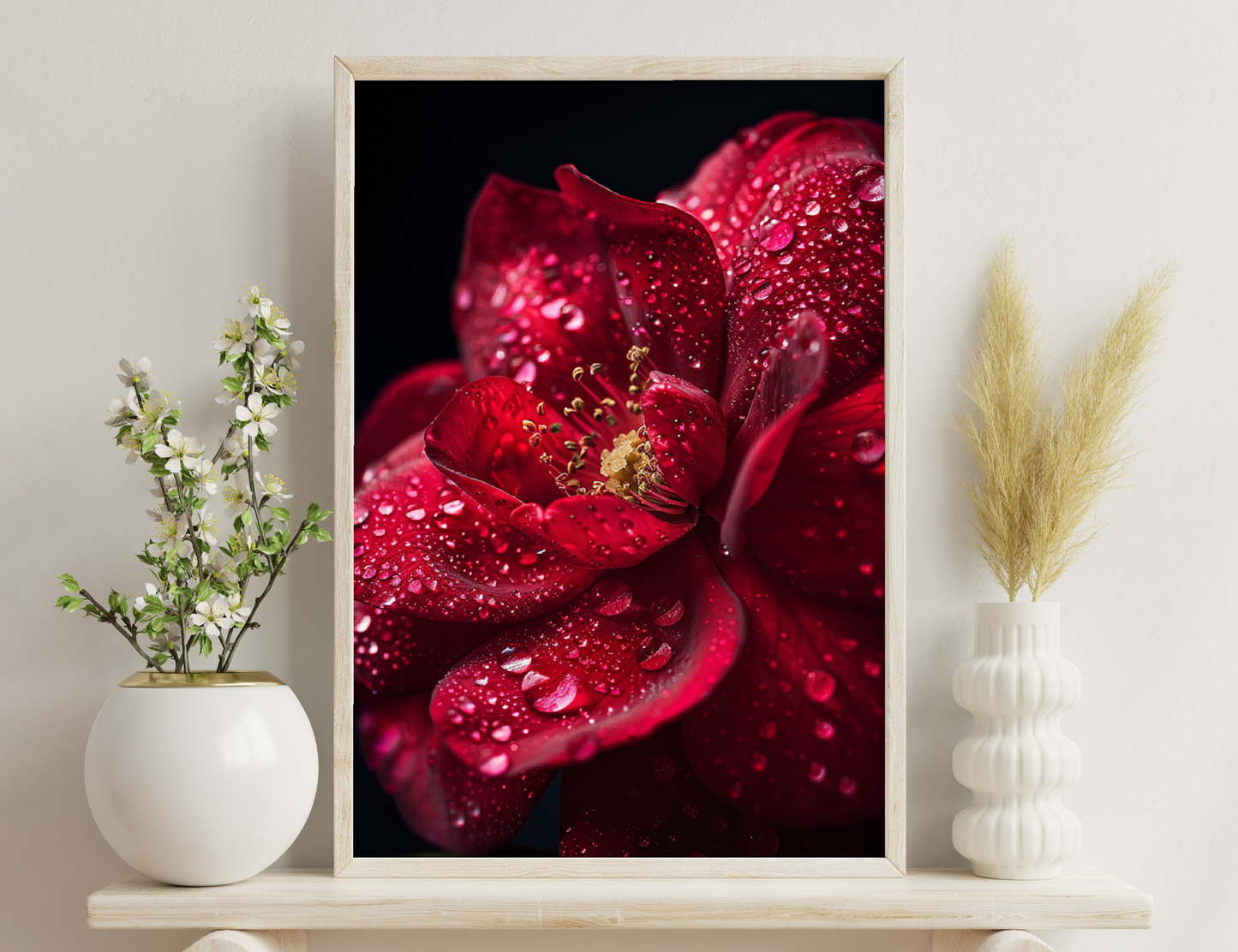A close-up of a vibrant red camellia flower covered in water droplets against a black background, showcasing its velvety petals and delicate stamen.
