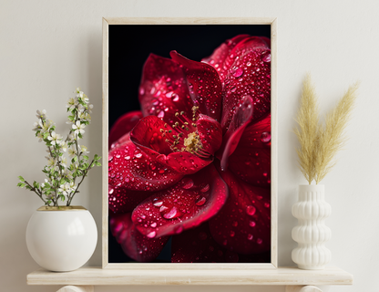 A close-up of a vibrant red camellia flower covered in water droplets against a black background, showcasing its velvety petals and delicate stamen.
