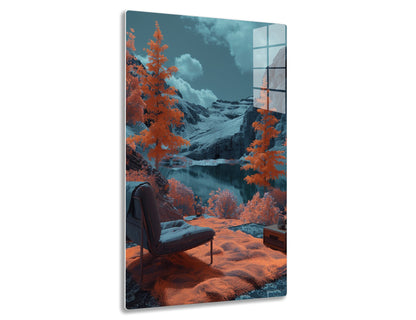 A serene mountain landscape with a frozen lake reflecting the snow-capped peaks and orange autumn foliage, featuring a cozy lounge chair and small table in the foreground, perfectly framed for a relaxing escape.
