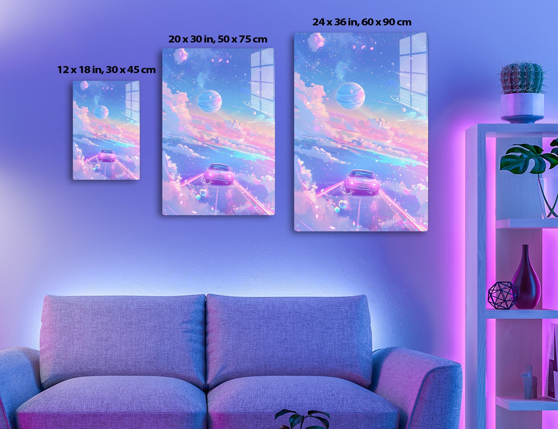 A futuristic dreamscape depicting a vintage car traveling on a cosmic road under a vibrant sky filled with planets, nebulae, and shooting stars, creating a surreal, otherworldly ambiance.
