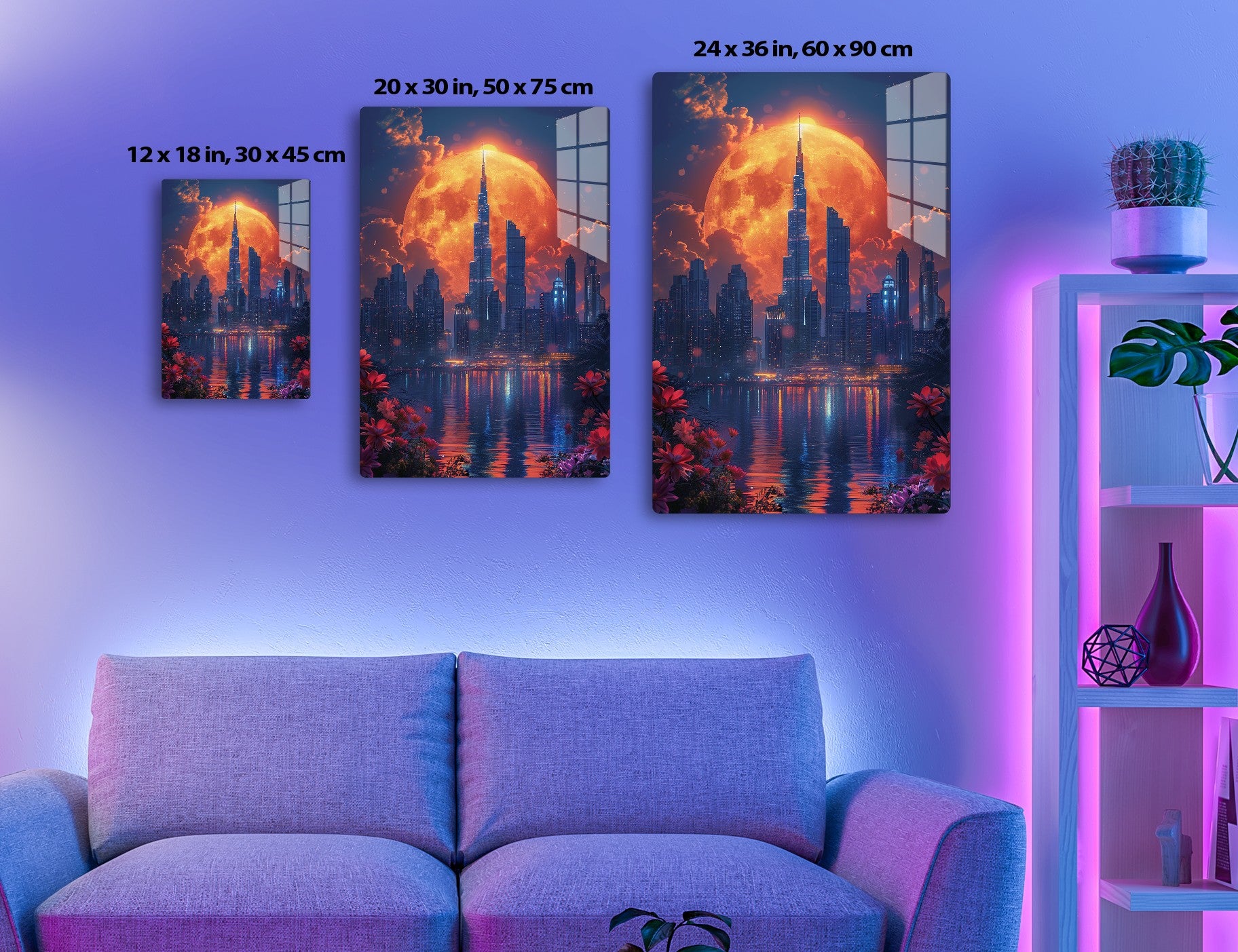 A surreal image depicting the Dubai skyline silhouetted against an enormous glowing moon, with vibrant clouds and reflections in the water surrounded by blooming red flowers.
