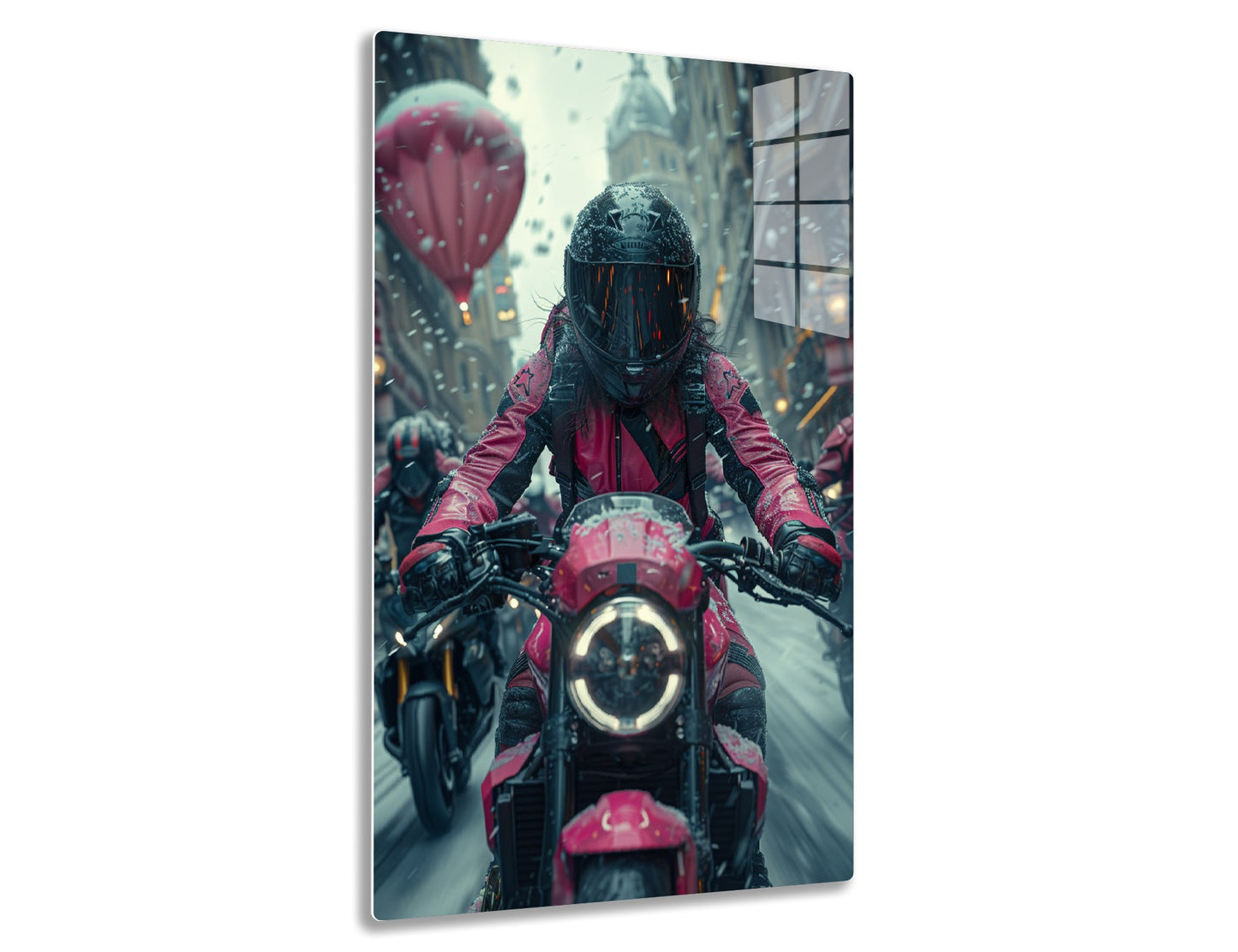 A futuristic biker in a red and black armored suit rides a motorcycle through a rainy, neon-lit city street, with towering buildings and a large balloon in the background.
