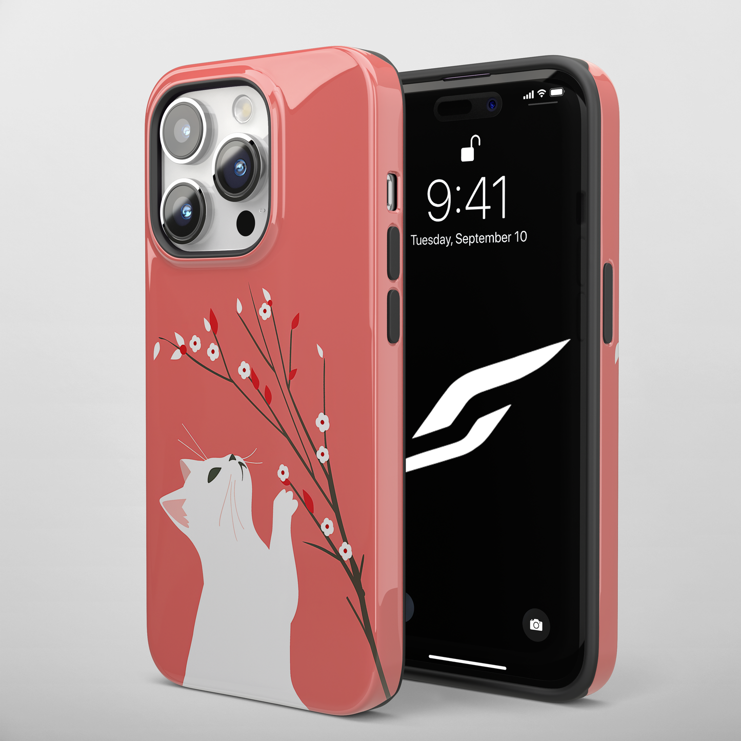 Floral Feline (iPhone MagSafe Case)Elevate your iPhone's protection and style with RimaGallery's Playful cat interacting with delicate flowers on a coral on iphone MagSafe Case against a dark backdropRimaGallery