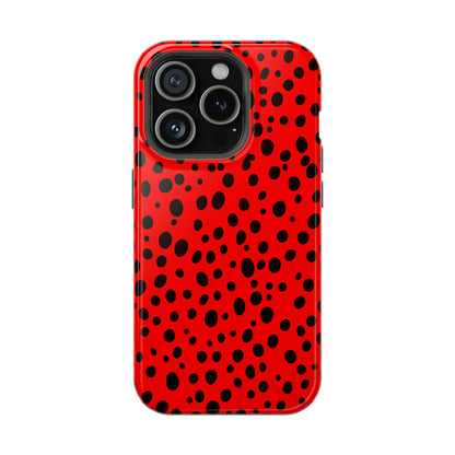 Dotted Delight - Red (iPhone MagSafe Case)Elevate your iPhone's style with the Red backdrop with varied black dots MagSafe Case, offering robust protection, MagSafe compatibility, and a choice of matte or glRimaGallery