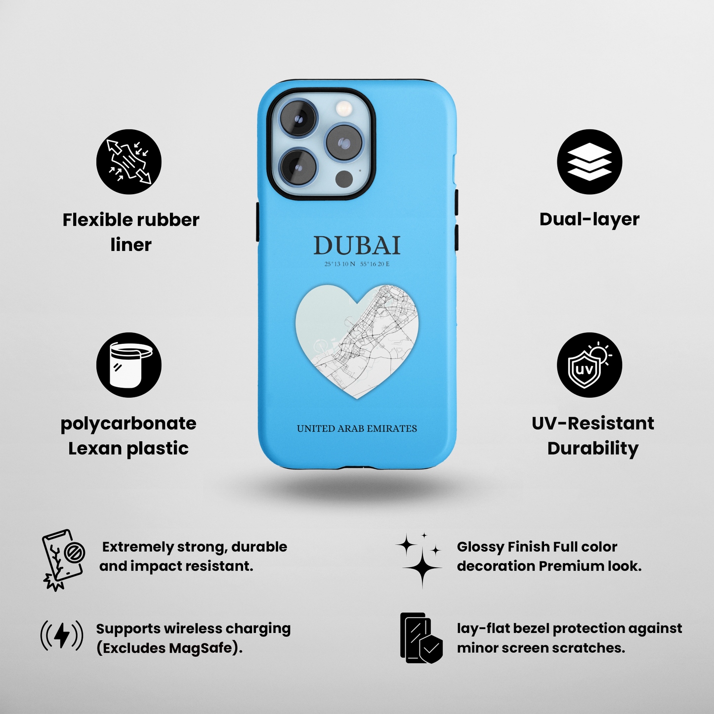 Dubai Heartbeat - Sky Blue (iPhone Case 11-15)Capture the essence of Dubai with RimaGallery's Heartbeat Purple iPhone case, blending durable protection and unique design. Perfect for iPhone 11-15 models. Free shRimaGallery