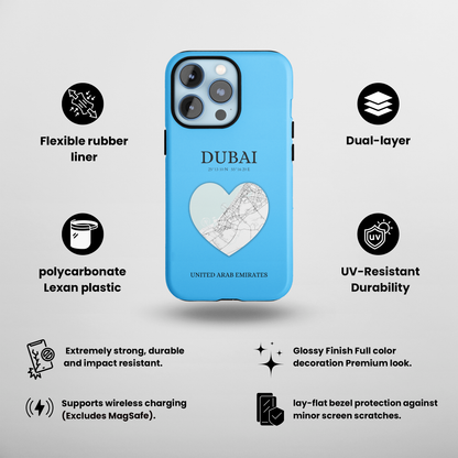 Dubai Heartbeat - Sky Blue (iPhone Case 11-15)Capture the essence of Dubai with RimaGallery's Heartbeat Purple iPhone case, blending durable protection and unique design. Perfect for iPhone 11-15 models. Free shRimaGallery