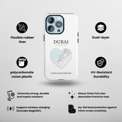 Dubai Heartbeat - White (iPhone Case 11-15)Capture the essence of Dubai with RimaGallery's Heartbeat White iPhone case, blending durable protection and unique design. Perfect for iPhone 11-15 models. Free shiRimaGallery