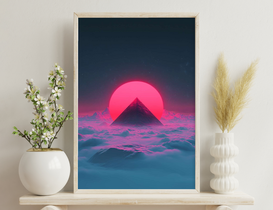 A surreal image depicting a pyramid silhouetted against a massive pink sun, surrounded by clouds and a starry night sky, creating a dreamlike and otherworldly atmosphere.
