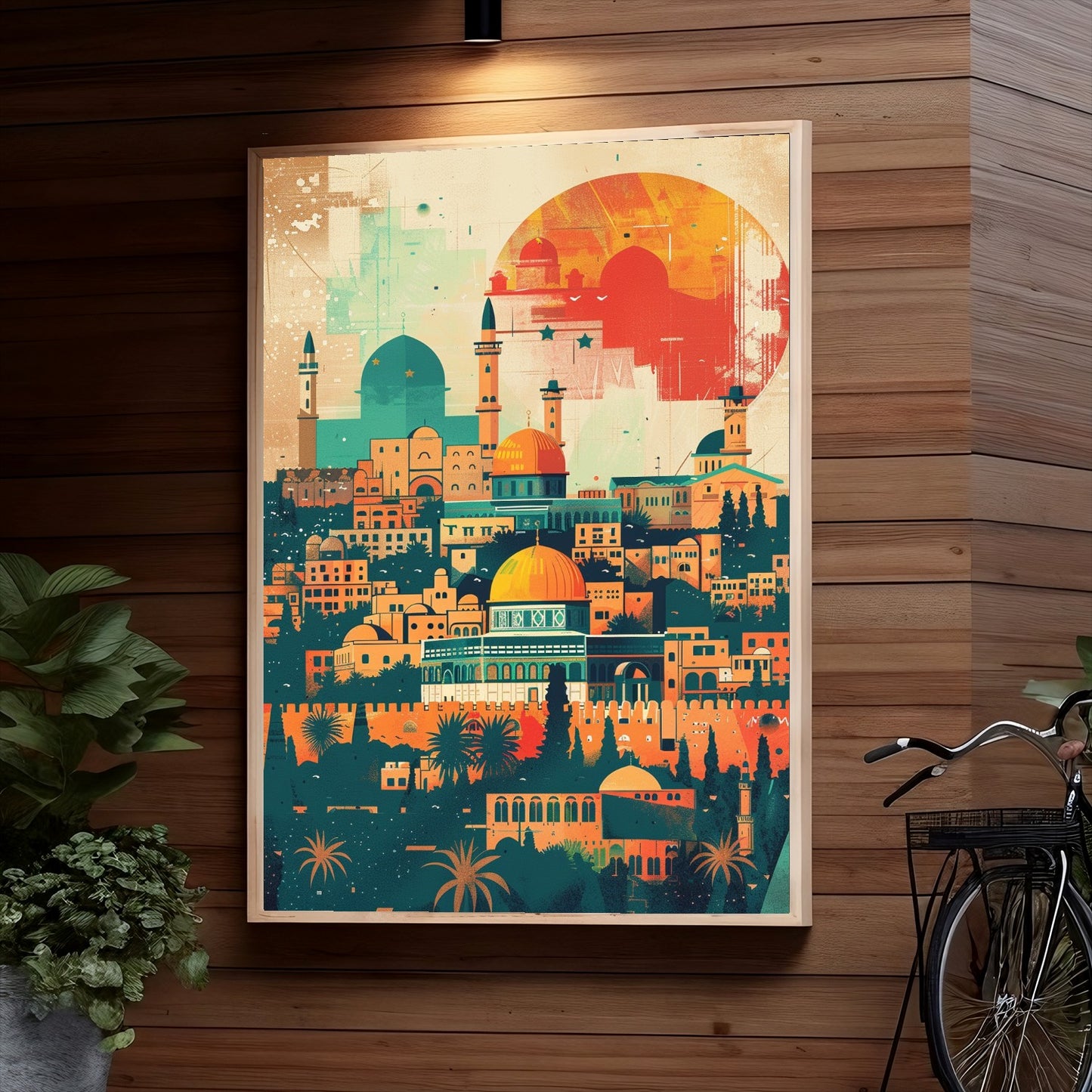 An artistic illustration depicting a vibrant Middle Eastern city skyline with ornate mosques, minarets, domes, and palm trees in warm shades of orange, teal, and green, blending traditional architecture with modern elements.


