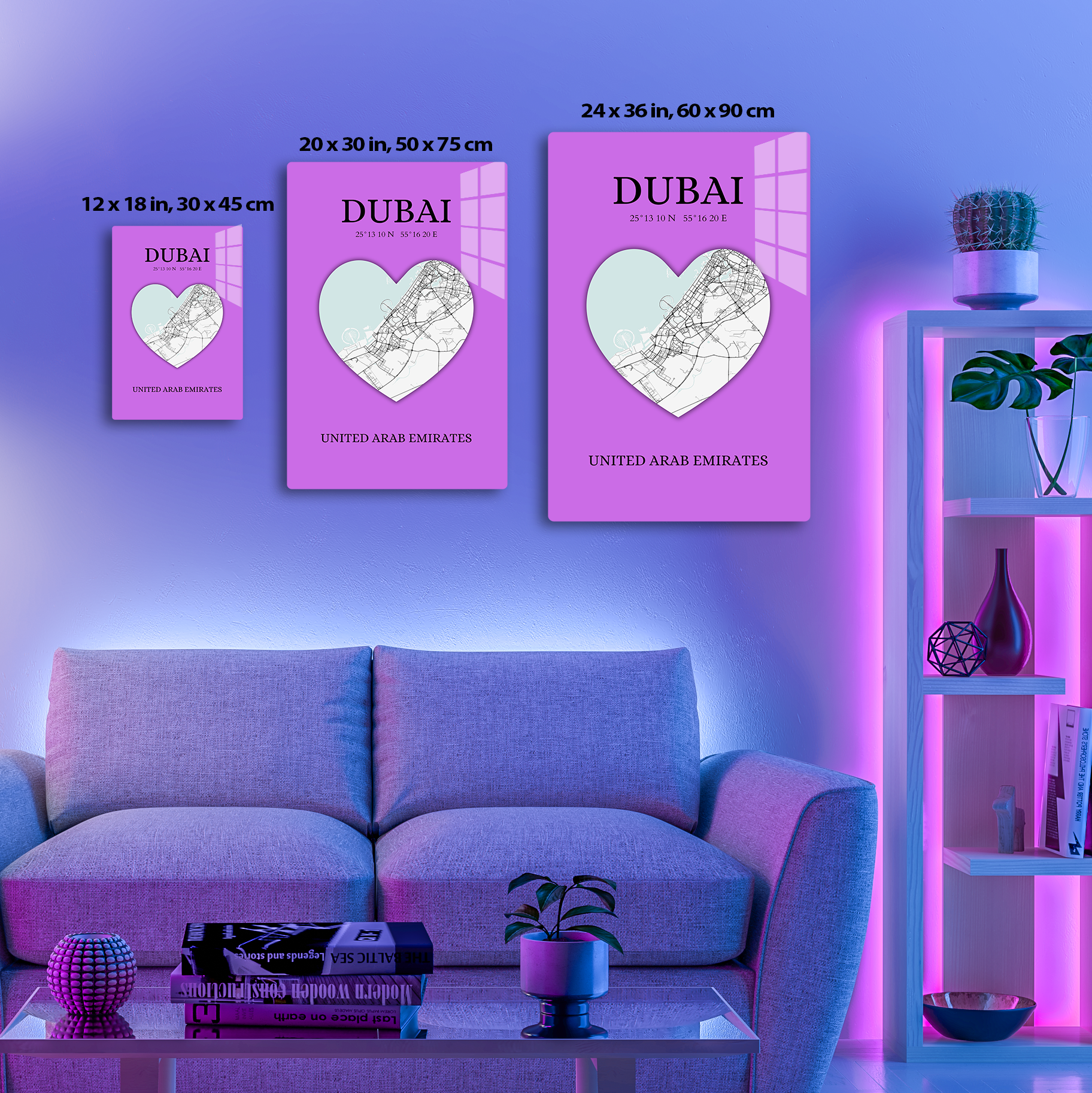 Dubai Heartbeat - Purple (Acrylic)Step into the universe with Vibrant purple Dubai souvenir featuring a heart and map. Acrylic art from RimaGallery. Experience the cosmos in your home with vibrant, eRimaGallery