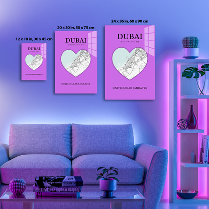 Dubai Heartbeat - Purple (Acrylic)Step into the universe with Vibrant purple Dubai souvenir featuring a heart and map. Acrylic art from RimaGallery. Experience the cosmos in your home with vibrant, eRimaGallery