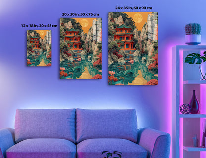 A picturesque scene featuring a traditional Chinese pavilion set amidst towering rock formations, vibrant foliage, a tranquil pond with lotus flowers and koi fish, and a large full moon in an orange-hue
