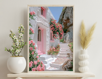 A narrow alleyway adorned with vibrant pink roses trailing along whitewashed walls and pink wooden doors, creating a charming and picturesque scene.
